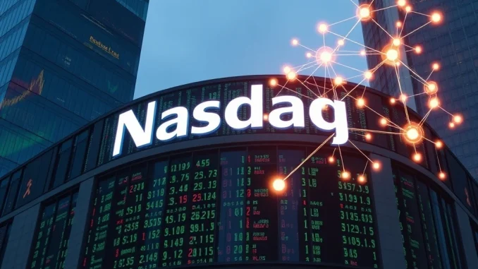 A visual representation of Nasdaq's efforts to gain **SEC approval** for **Nasdaq tokenized stocks** and ETFs, highlighting the convergence of traditional finance and blockchain technology.
