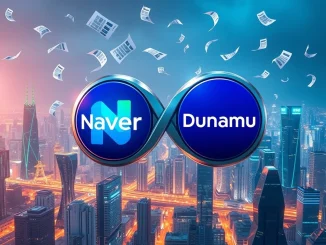 Visualizing the **Naver Dunamu deal** impact on corporate governance and South Korea's crypto landscape, with intertwining company symbols.