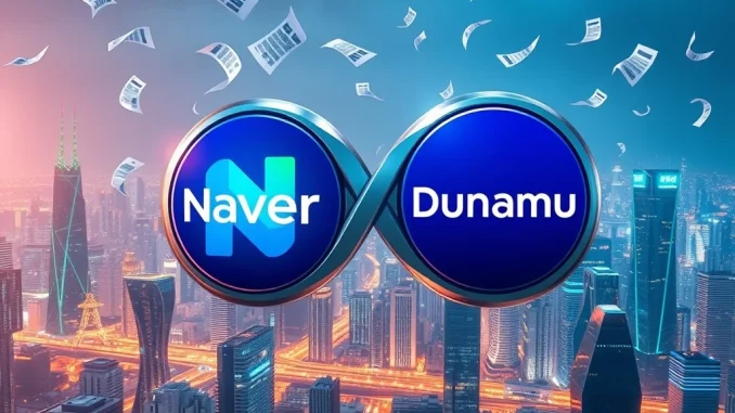 Visualizing the **Naver Dunamu deal** impact on corporate governance and South Korea's crypto landscape, with intertwining company symbols.