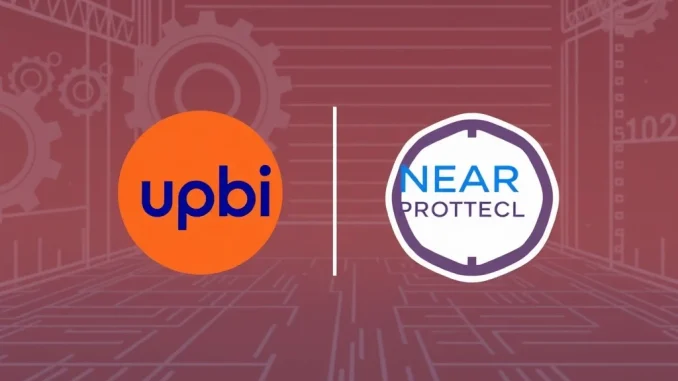 Upbit logo and NEAR Protocol logo signifying a temporary suspension of NEAR deposits due to a network upgrade.