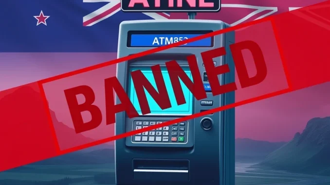 A crypto ATM with a ban sign, symbolizing New Zealand's crypto ATM ban against financial crime.