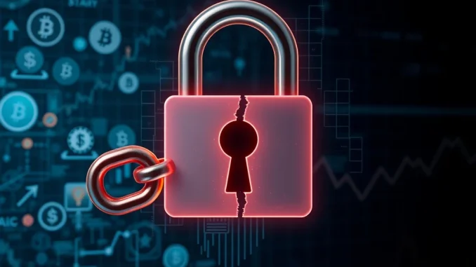 Depiction of the NewGold Protocol hack, showing a broken digital lock and falling crypto prices, symbolizing the NGP exploit and urgent need for cryptocurrency security.