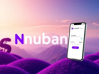 A digital representation of Nubank's purple interface integrating stablecoin payment options, symbolizing Nubank's new stablecoin payments feature.