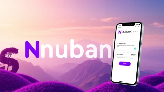 A digital representation of Nubank's purple interface integrating stablecoin payment options, symbolizing Nubank's new stablecoin payments feature.