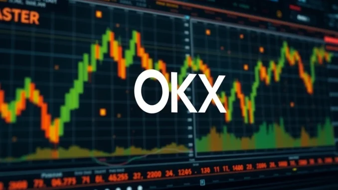 A digital trading screen displaying charts and an OKX logo, symbolizing the launch of OKX ASTER perpetual futures trading.