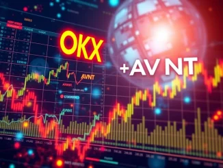 Digital interface showing OKX and AVNT logos with financial charts, representing the launch of **AVNT perpetual futures** for traders.