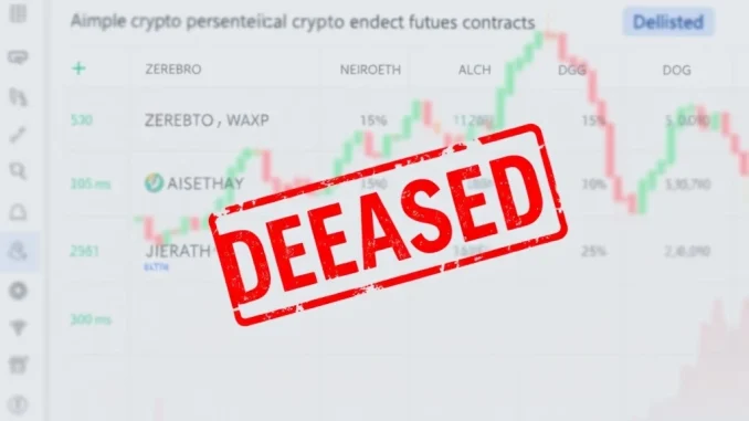 OKX delisting perpetual futures contracts, showing specific crypto symbols being removed from a trading screen.
