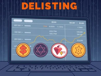 OKX delisting notice on a digital screen, showing four crypto assets being removed from margin trading pairs, emphasizing the upcoming change for traders.