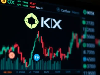 An OKX exchange screen shows six cryptocurrency icons being removed, signifying the upcoming OKX delisting of spot assets.