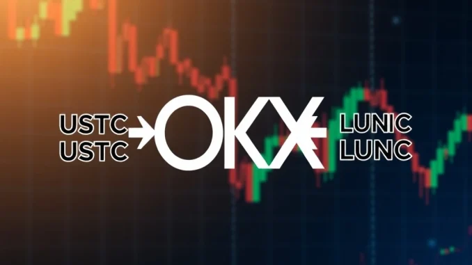 Visualizing the OKX delisting of USTC and LUNC perpetual futures, highlighting the critical impact on traders.