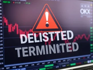 OKX delisting DUCK USDT futures: A screen shows a crypto trading chart with a 'Delisted' warning, highlighting the end of DUCK/USDT perpetual futures trading on OKX.