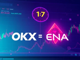 An infographic highlighting the **OKX ENA listing**, symbolizing new trading opportunities on the OKX exchange for the Ethena project.