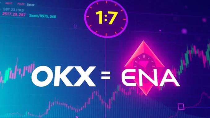 An infographic highlighting the **OKX ENA listing**, symbolizing new trading opportunities on the OKX exchange for the Ethena project.