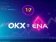 An infographic highlighting the **OKX ENA listing**, symbolizing new trading opportunities on the OKX exchange for the Ethena project.