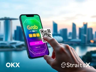 A smartphone screen showing the OKX Pay interface, ready for a stablecoin payment via GrabPay's SGQR code in Singapore.