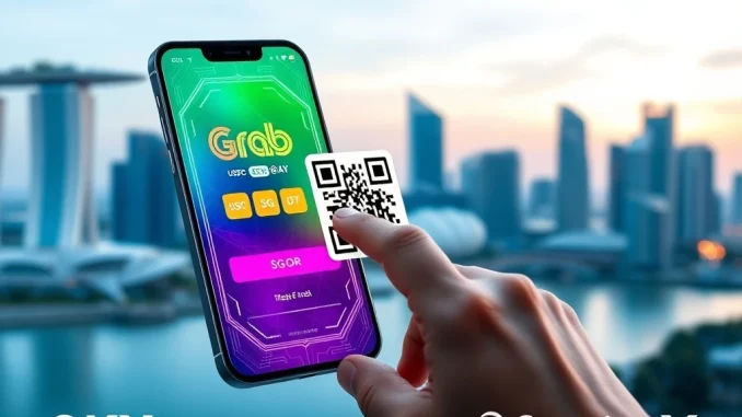 A smartphone screen showing the OKX Pay interface, ready for a stablecoin payment via GrabPay's SGQR code in Singapore.
