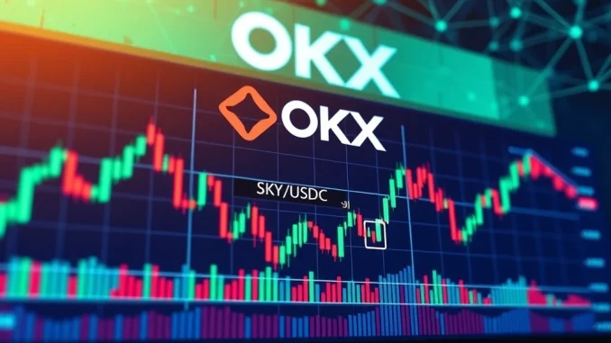 OKX trading interface displaying the new SKY/USDC spot trading pair, symbolizing a fresh crypto listing opportunity.