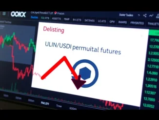 A digital screen displaying the OKX delisting announcement for UXLINK perpetual futures, highlighting the critical update for crypto traders.