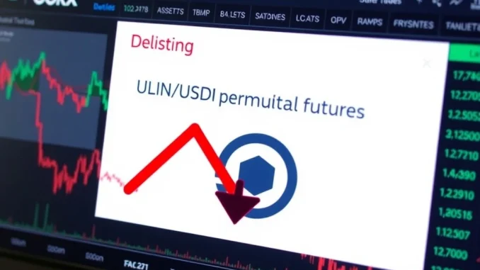A digital screen displaying the OKX delisting announcement for UXLINK perpetual futures, highlighting the critical update for crypto traders.