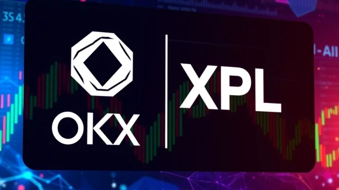 Visualizing the **OKX XPL listing** event, showing the OKX and XPL logos merging with dynamic trading data, representing the new crypto trading pair.