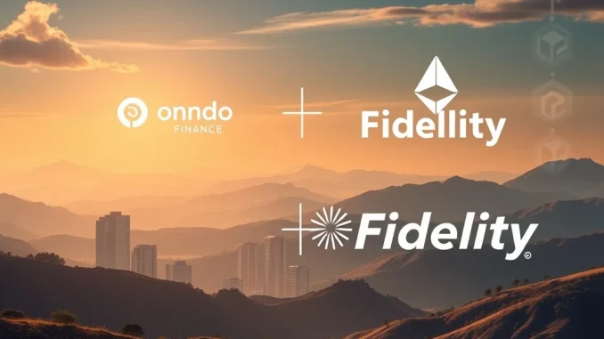 Visualizing Ondo Finance's OUSG becoming the largest investor in Fidelity's tokenized fund, symbolizing the fusion of traditional finance and blockchain.