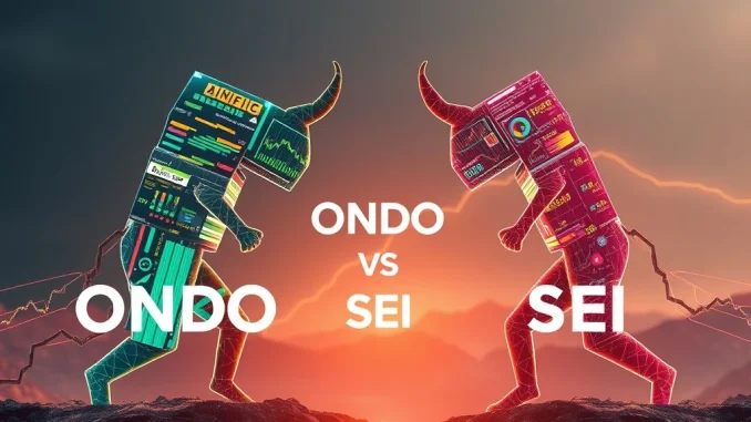 ONDO vs SEI tokens battling for altcoin dominance in the 2025 bull cycle, representing the clash between DeFi protocols and crypto derivatives.
