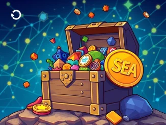 An illustration depicting the OpenSea SEA Token launching from a treasure chest, symbolizing new value for the NFT marketplace.