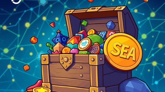 OpenSea SEA Token: Unveiling Crucial Tokenomics This October An illustration depicting the OpenSea SEA Token launching from a treasure chest, symbolizing new value for the NFT marketplace.
