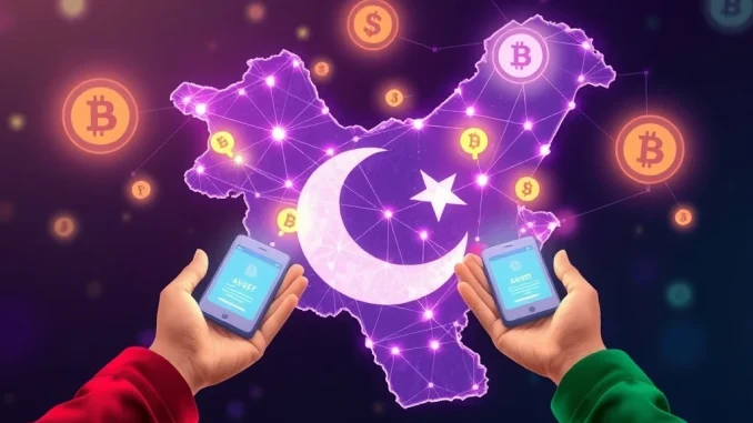 Pakistani crypto regulation: Digital representation of Pakistan's map with crypto symbols, signifying new licenses and market growth for crypto firms.
