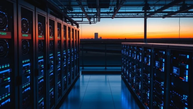 Parataxis Korea's newly acquired US Bitcoin mining infrastructure, showing rows of ASIC rigs in a modern data center.