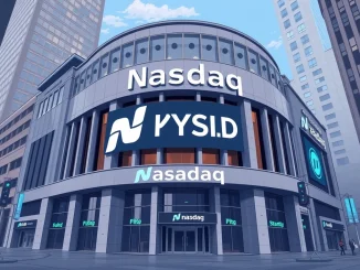 Paxos Nasdaq listing potential shown by a stablecoin logo integrated with the Nasdaq building, symbolizing crypto's public market future.
