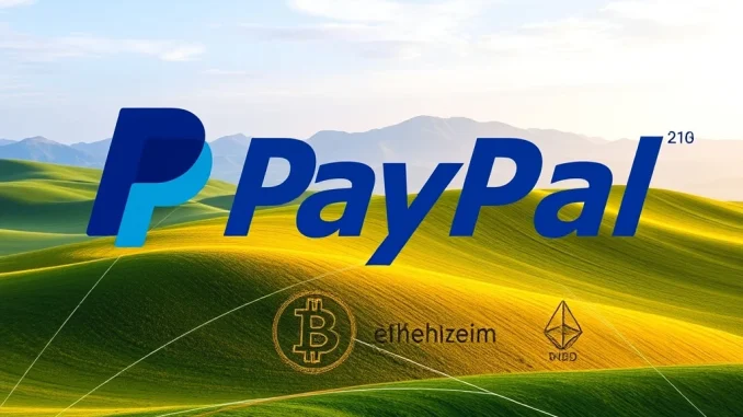 PayPal Crypto integration for P2P payments, showing BTC, ETH, and PYUSD symbols merging with the PayPal logo.