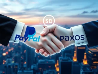 PayPal and Paxos logos shaking hands digitally, symbolizing their joint bid for USDH stablecoin issuance on Hyperliquid.