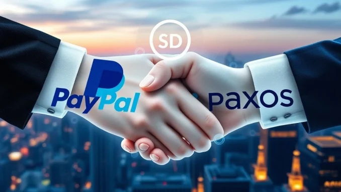 PayPal and Paxos logos shaking hands digitally, symbolizing their joint bid for USDH stablecoin issuance on Hyperliquid.