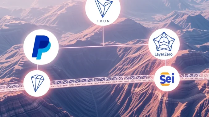 Visualizing PayPal PYUSD stablecoin seamlessly bridging across Tron, Avalanche, and Sei blockchains, signifying widespread accessibility.