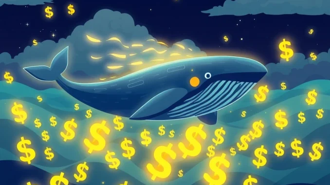 An illustration of a large digital whale surrounded by glowing cryptocurrency tokens, symbolizing significant Plasma staking rewards.