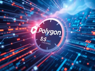 Abstract representation of Polygon transaction finality dramatically sped up, with digital elements and a fast-moving timeline.