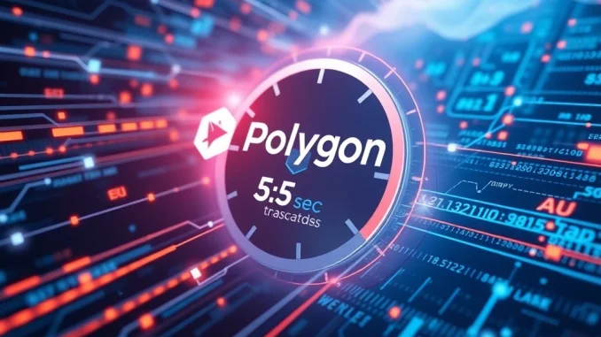 Abstract representation of Polygon transaction finality dramatically sped up, with digital elements and a fast-moving timeline.