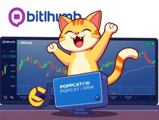 The Popcat (POPCAT) character playfully emerges from a digital trading screen, symbolizing its Bithumb crypto exchange listing.