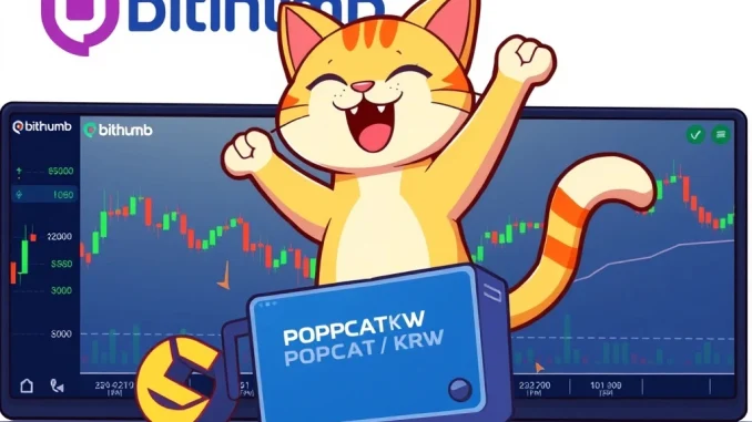 The Popcat (POPCAT) character playfully emerges from a digital trading screen, symbolizing its Bithumb crypto exchange listing.