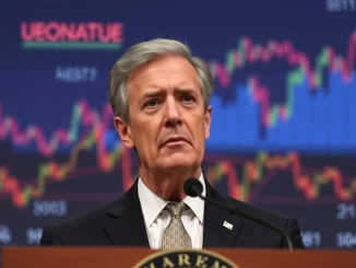 Jerome Powell, Federal Reserve Chair, delivering a speech on the rising unemployment rate and persistent inflation, conveying a cautious economic outlook.