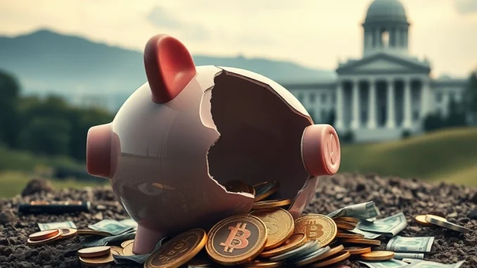 Broken digital piggy bank symbolizing the Praetorian Group Ponzi scheme and its devastating financial impact.
