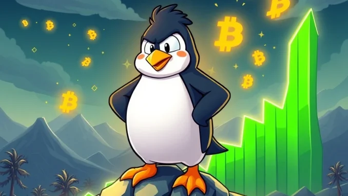 A visual representation of the Pudgy Penguins (PENGU) token's incredible 546% crypto surge, showing its market dominance.