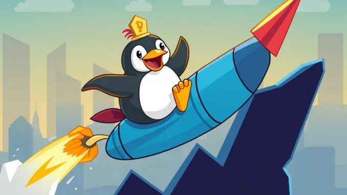 Pudgy Penguins token soaring on charts, depicting its massive surge driven by institutional demand and whale accumulation.