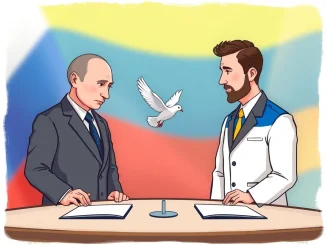 Depicts a symbolic meeting for Putin Zelenskyy talks, conveying diplomatic efforts and hope for peace negotiations.