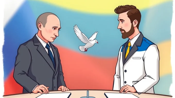 Depicts a symbolic meeting for Putin Zelenskyy talks, conveying diplomatic efforts and hope for peace negotiations.