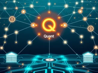 Illustration of a secure digital ledger representing Quant tokenization in the UK, connecting traditional banks with blockchain technology for deposit tokenization.