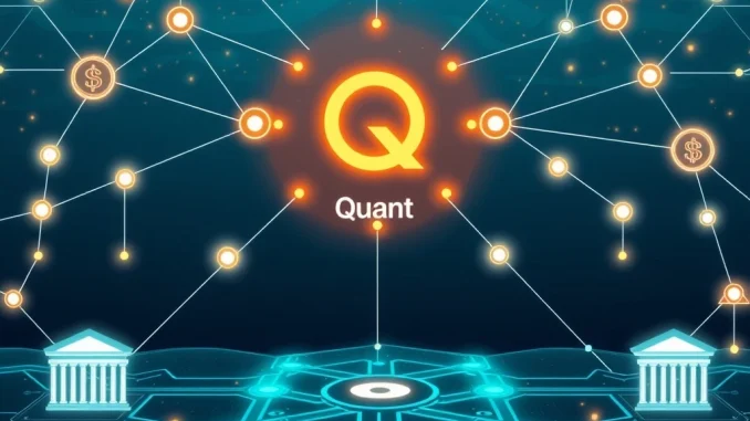 Illustration of a secure digital ledger representing Quant tokenization in the UK, connecting traditional banks with blockchain technology for deposit tokenization.