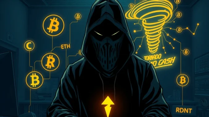 An illustration of a hacker figure engaged in crypto laundering after the Radiant Capital exploit, using a Tornado Cash mixer.