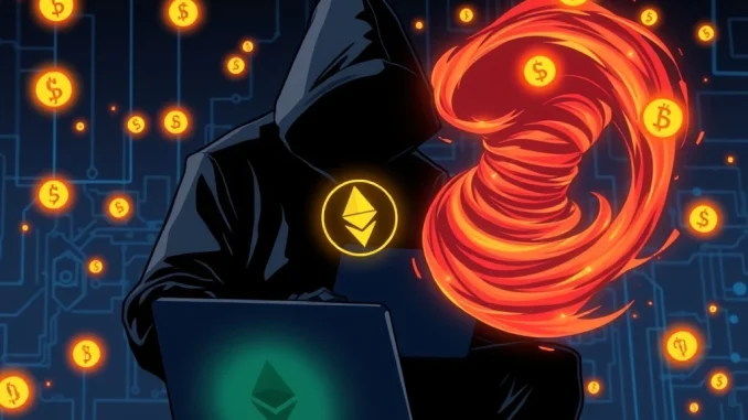 A visual representation of the **Radiant Capital exploit**, showing an **ETH hacker** laundering funds through a digital vortex, symbolizing Tornado Cash.
